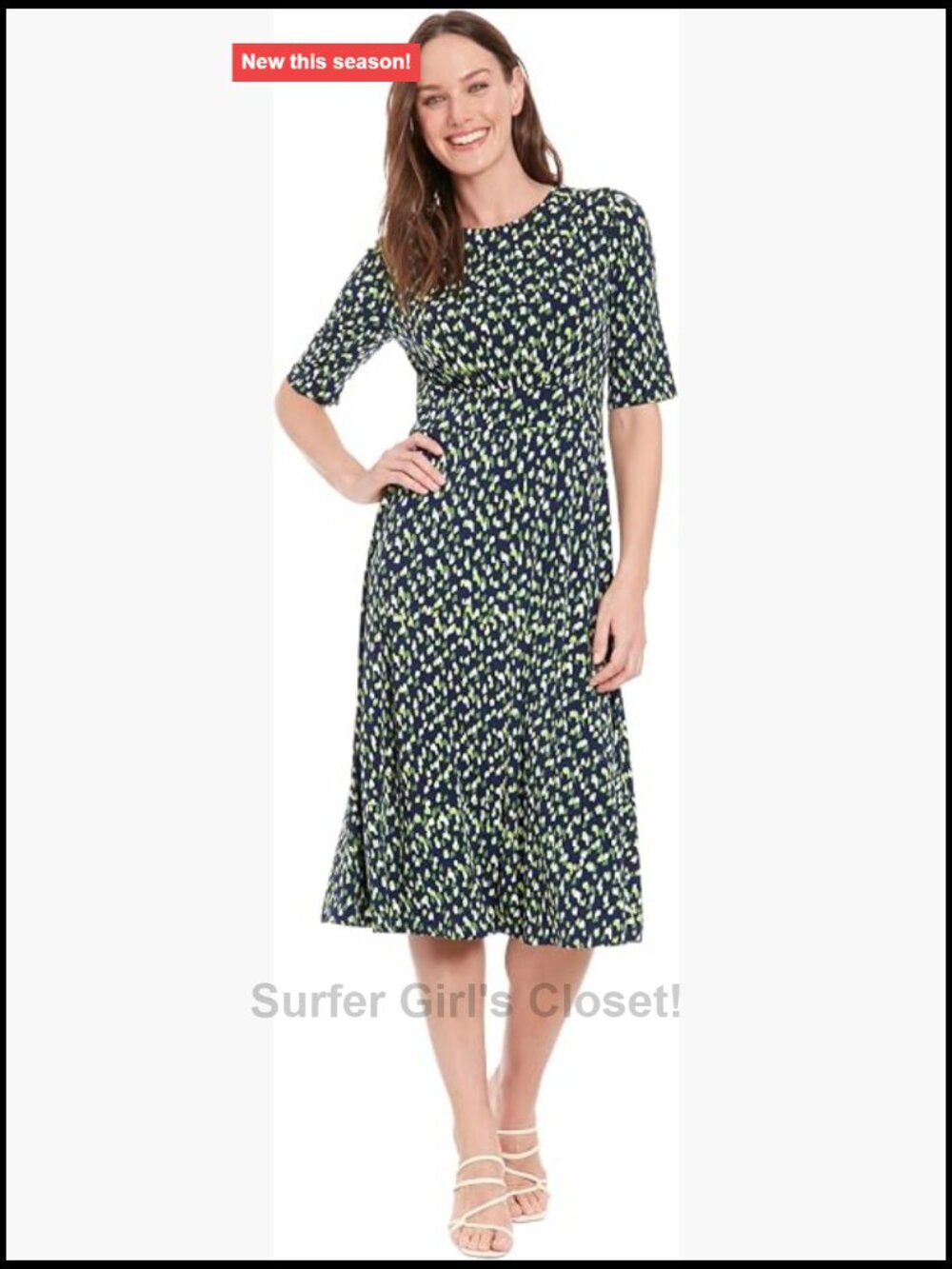 Elegant Half-Sleeve Mid-Calf Fit & Flare Dress with Geometric Print